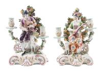 A Pair of English Bocage Porcelain Two-Light Candelabra Height 11 1/8 inches. — PROBABLY CHELSEA, MID-18TH CENTURY
