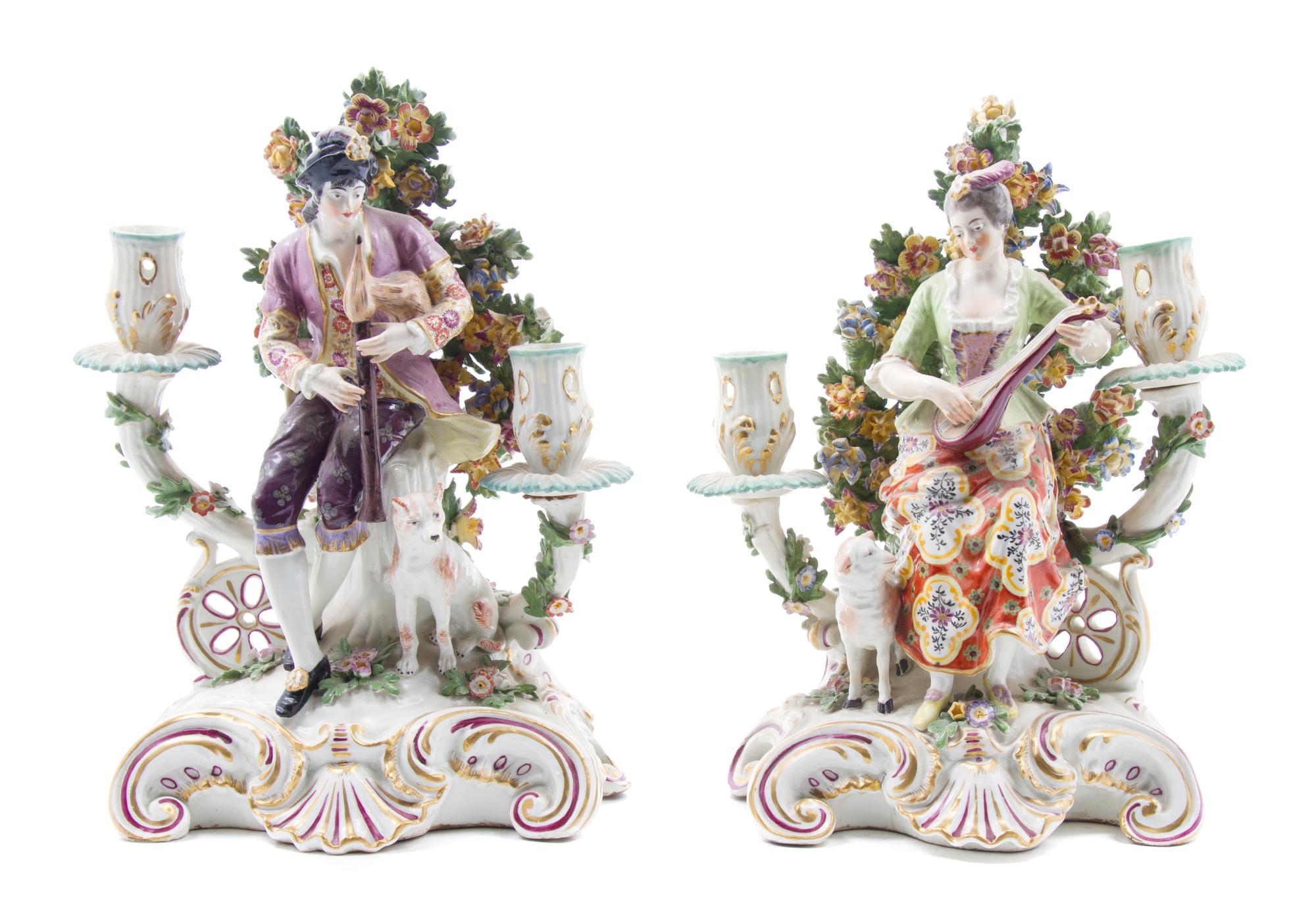 A Pair of English Bocage Porcelain Two-Light Candelabra Height 11 1/8 inches. — PROBABLY CHELSEA, MID-18TH CENTURY