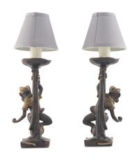 A Pair of Bronze Monkey Candlesticks Mounted as Lamps