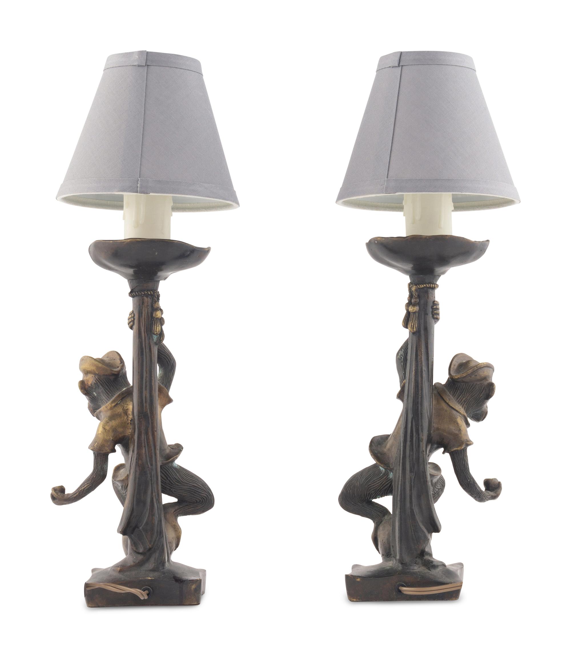 A Pair of Bronze Monkey Candlesticks Mounted as Lamps