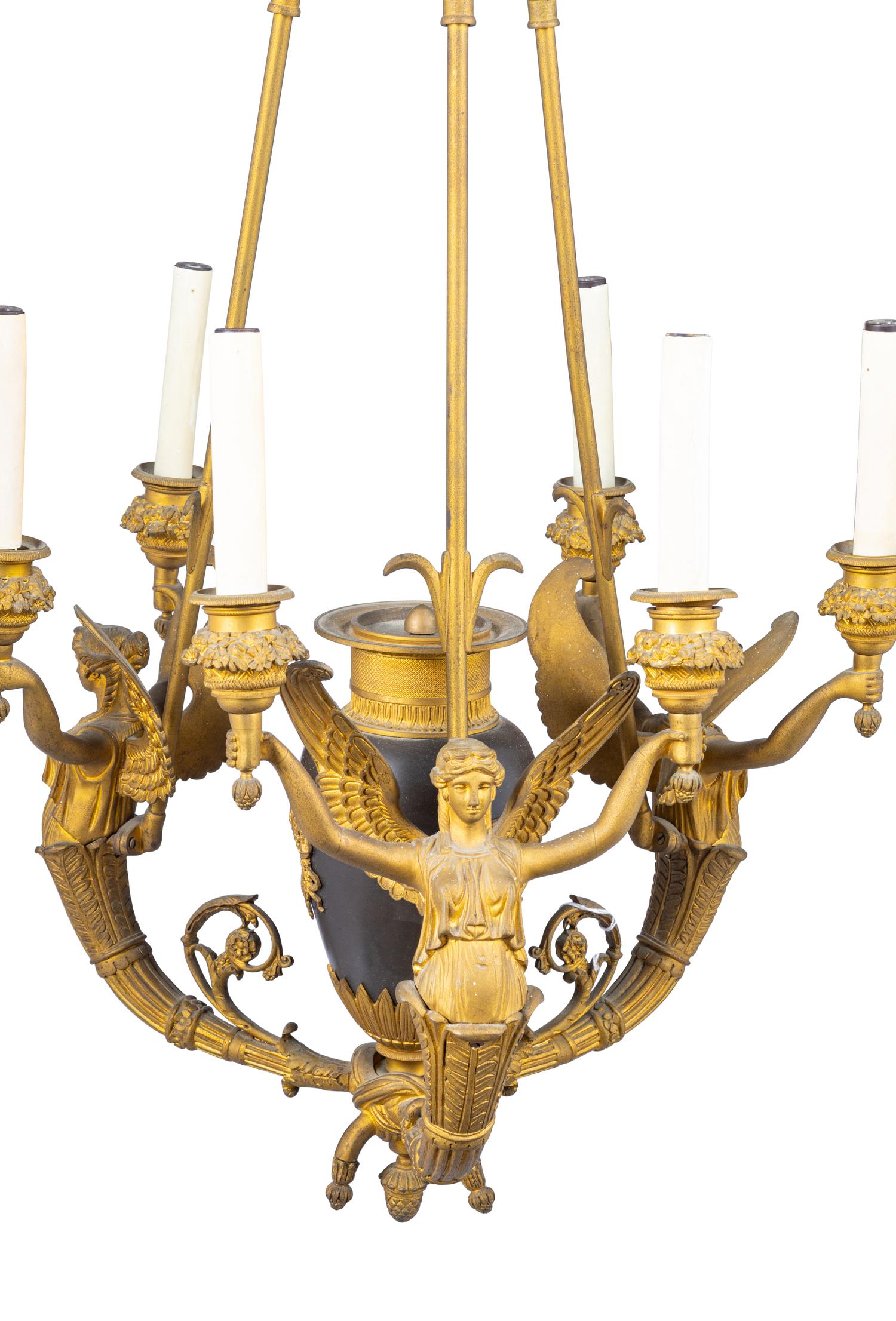 An Empire Style Gilt Bronze Figural Six-Light Chandelier