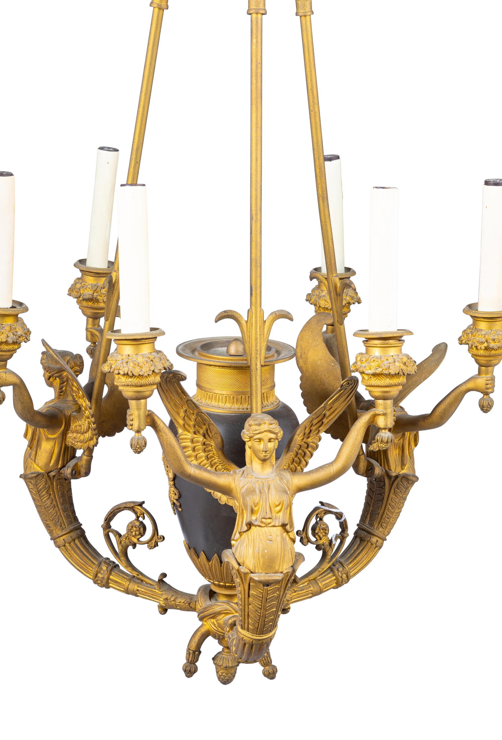 An Empire Style Gilt Bronze Figural Six-Light Chandelier