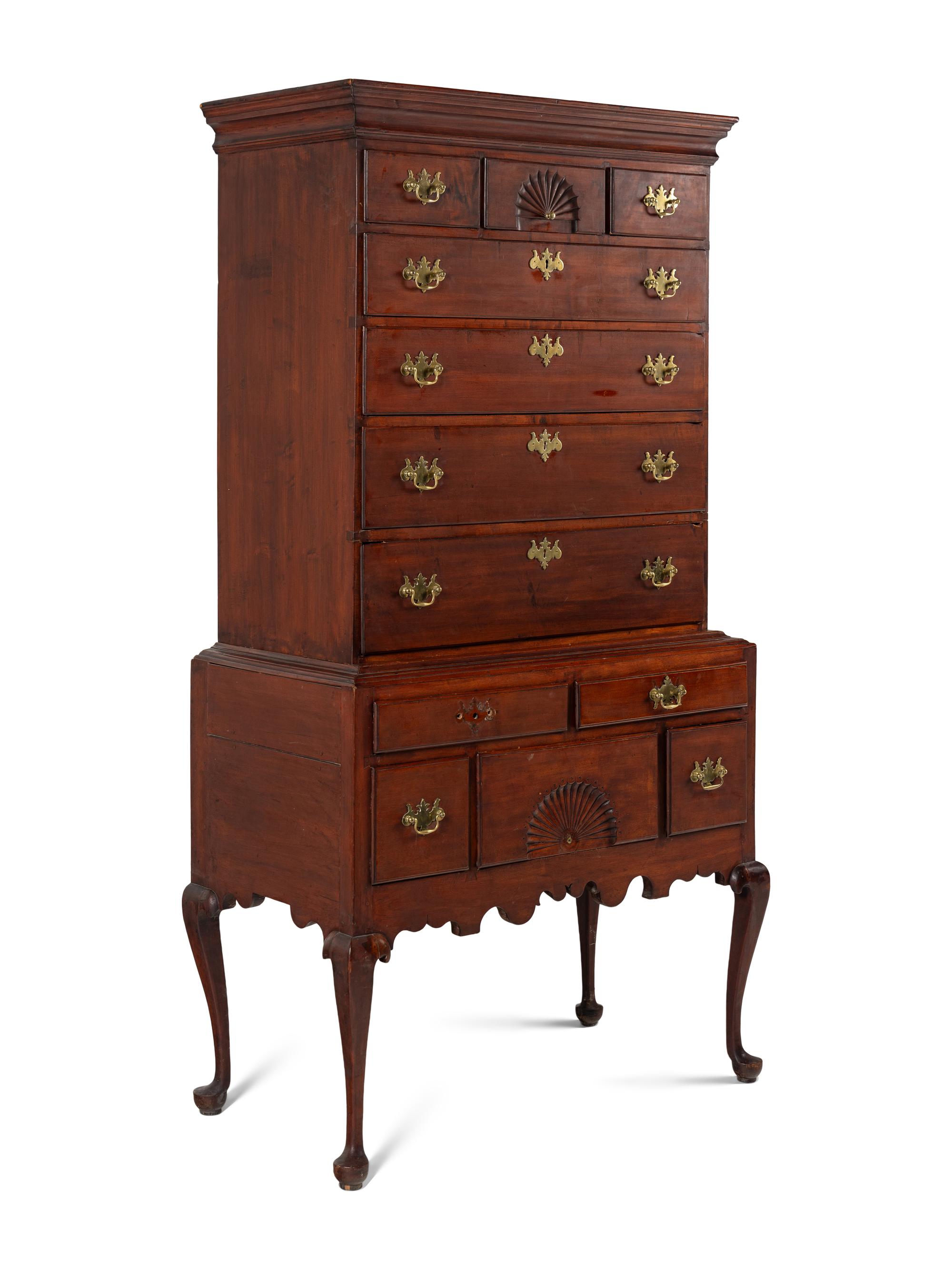 A Queen Anne Fan-Carved Cherrywood Flat-Top High Chest