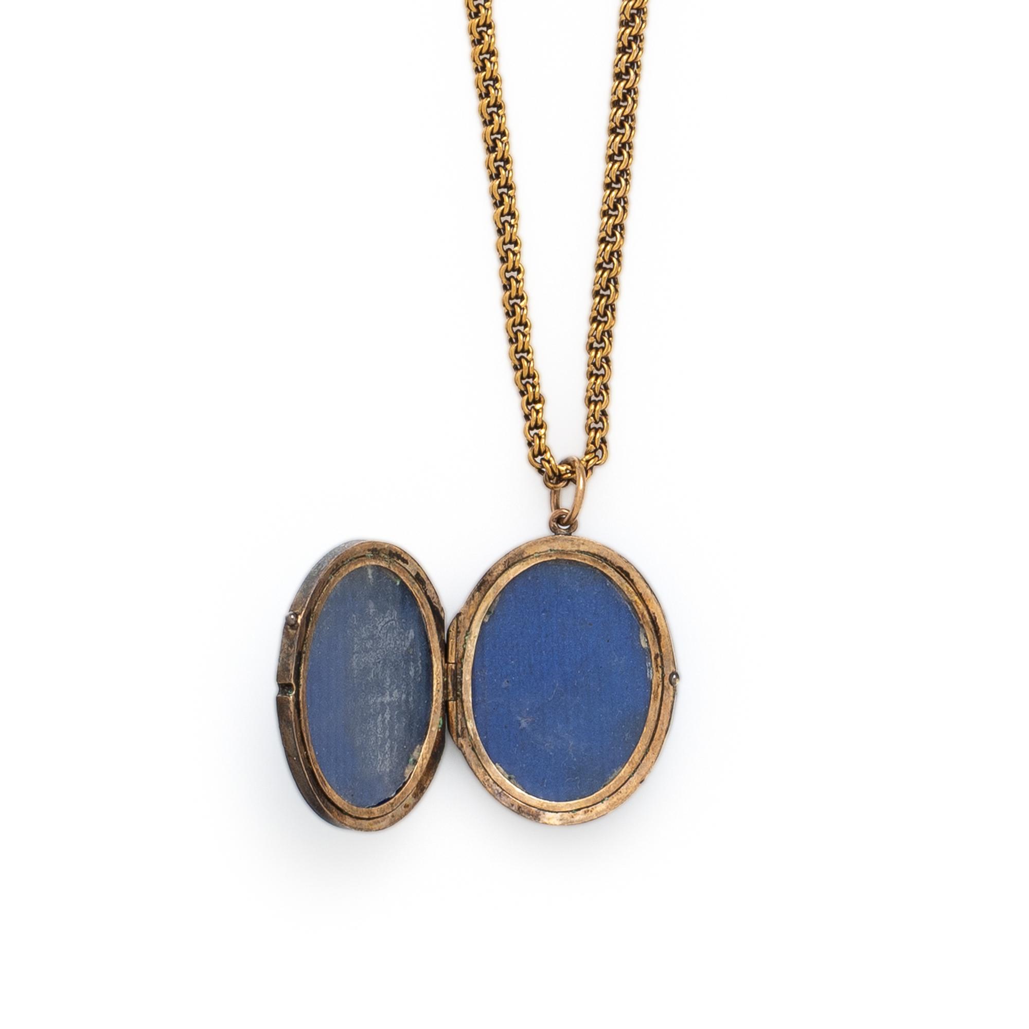 ANTIQUE, ENAMEL AND SEED PEARL LOCKET WITH YELLOW GOLD CHAIN