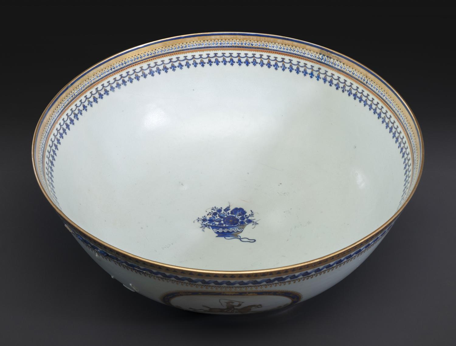 A Chinese Export Parcel Gilt and Grisaille Decorated Porcelain Punch Bowl