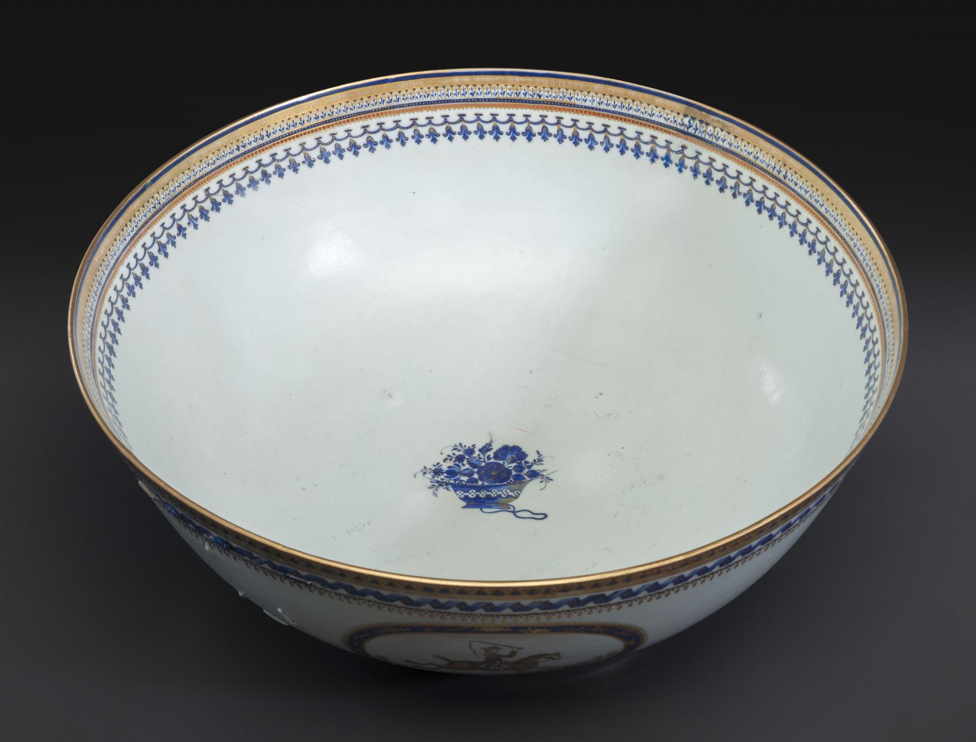 A Chinese Export Parcel Gilt and Grisaille Decorated Porcelain Punch Bowl