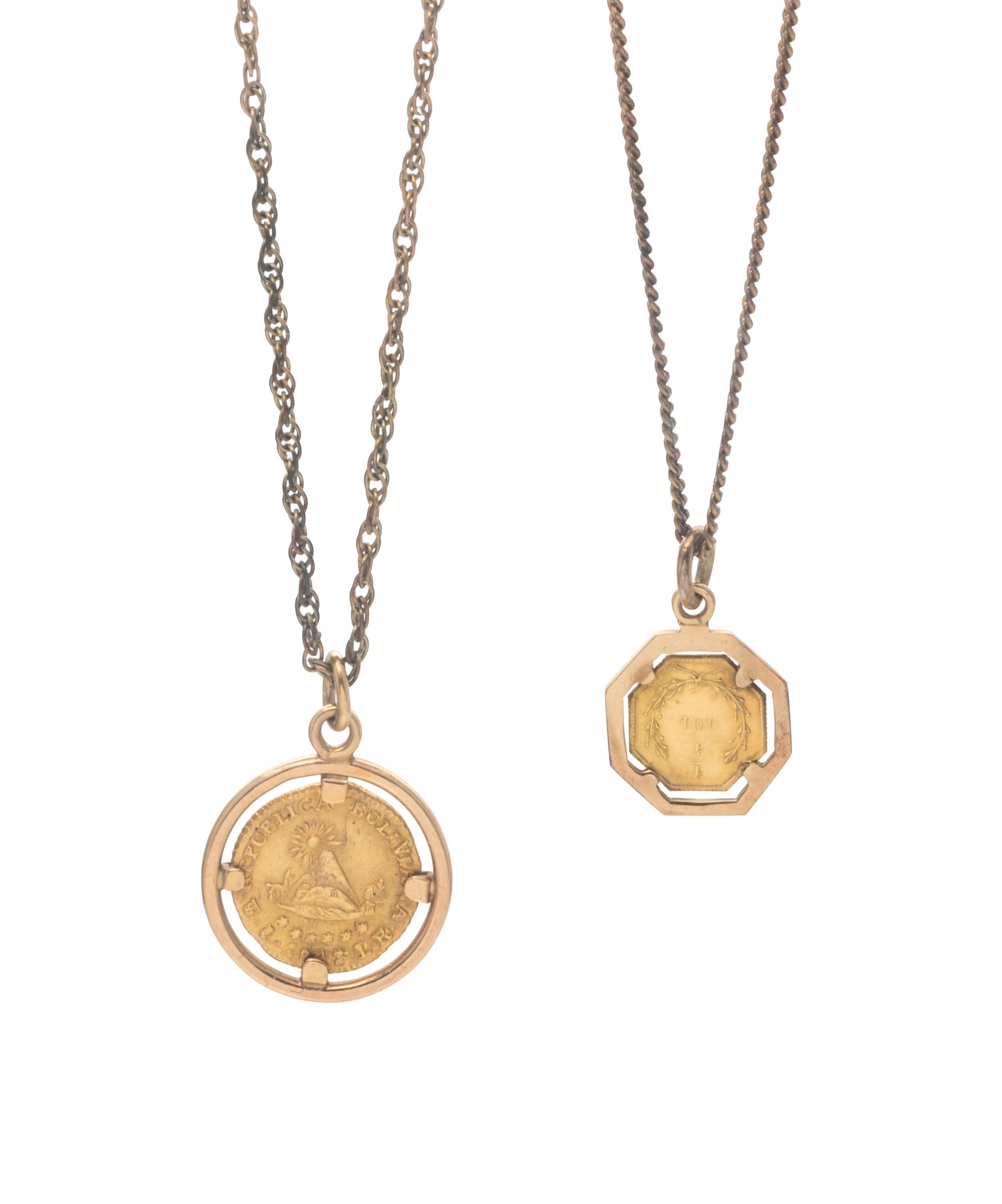 COLLECTION OF YELLOW GOLD AND COIN PENDANTS