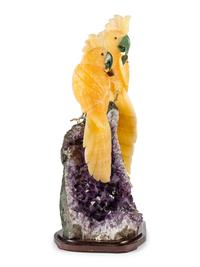 A Large Amethyst Geode with Carved Hardstone Parrots