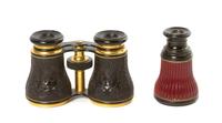 A Pair of American Brass Framed Opera Glasses, J. Gall & Co., Width of first 4 3/8 inches.