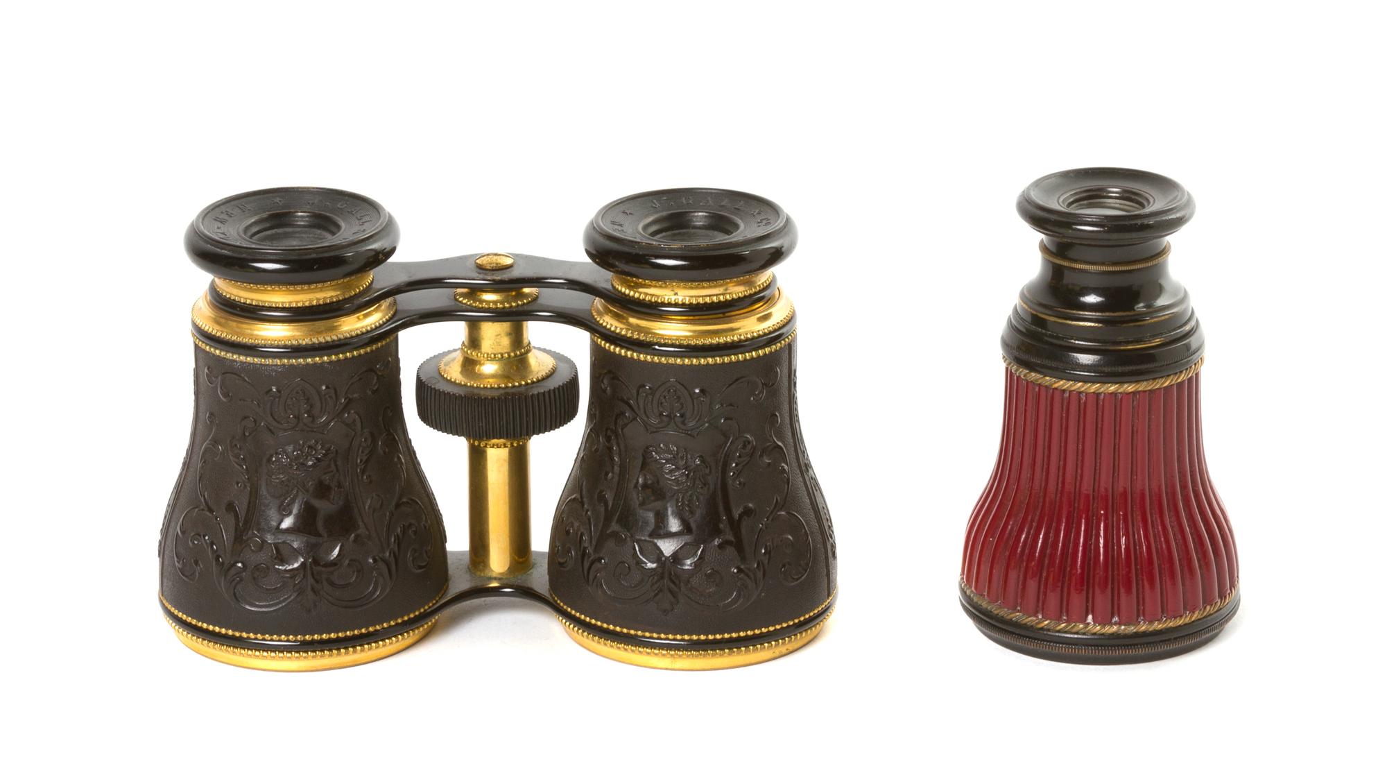 A Pair of American Brass Framed Opera Glasses, J. Gall & Co., Width of first 4 3/8 inches.