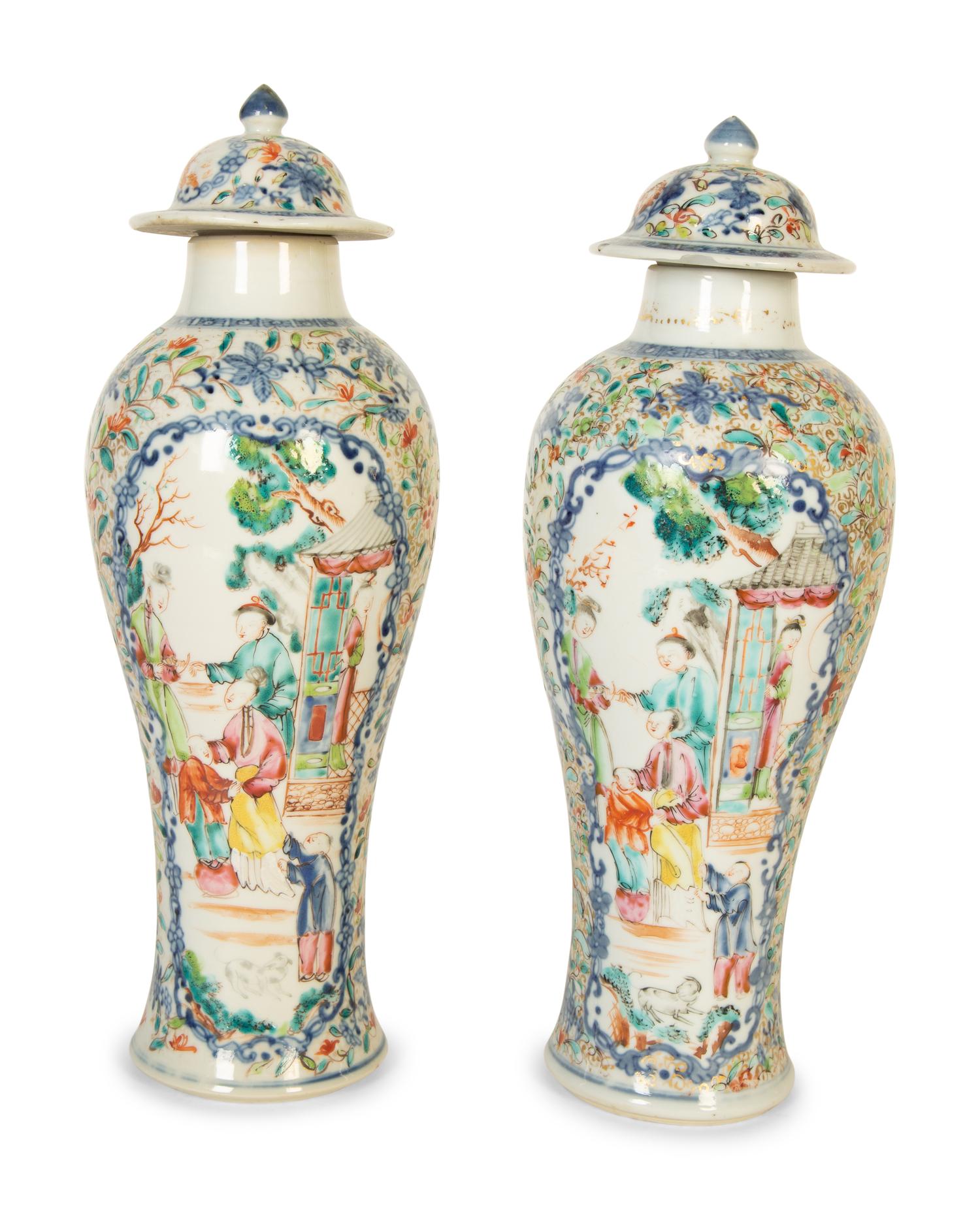 A Pair of Chinese Export Famille Rose Porcelain Covered Urns — 19th Century