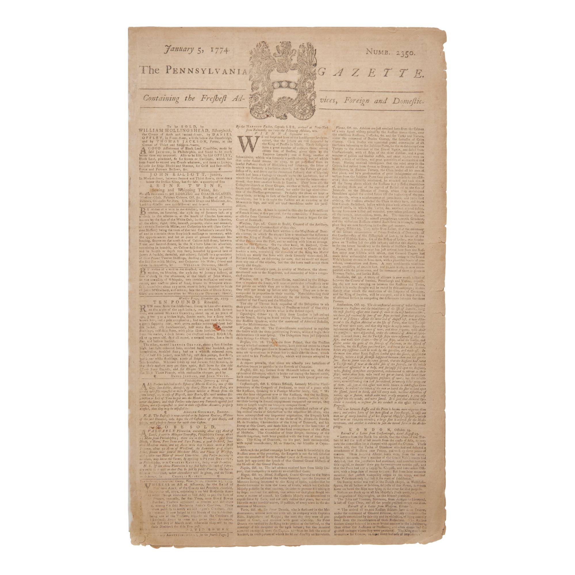 [American Revolution] Early Report of the Boston Tea Party, Printed by The Pennsylvania Gazette , One of Most Vocal Voices of Colonial Opposition