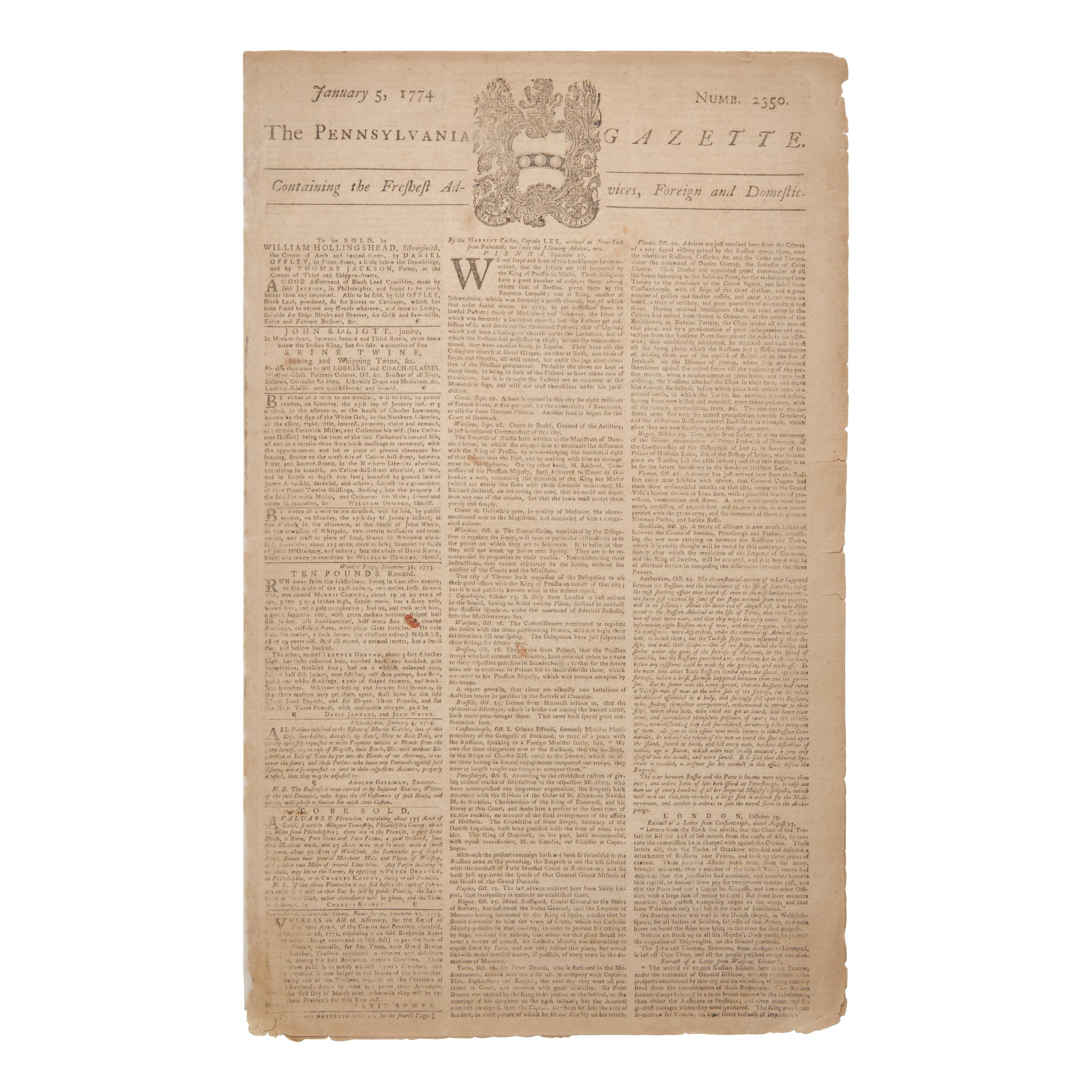 [American Revolution] Early Report of the Boston Tea Party, Printed by The Pennsylvania Gazette , One of Most Vocal Voices of Colonial Opposition