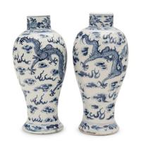 A Pair of Chinese Blue and White Porcelain Baluster Vases
