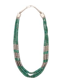 Rolled Turquoise and Sterling Silver Barrel Bead Three-strand Necklace