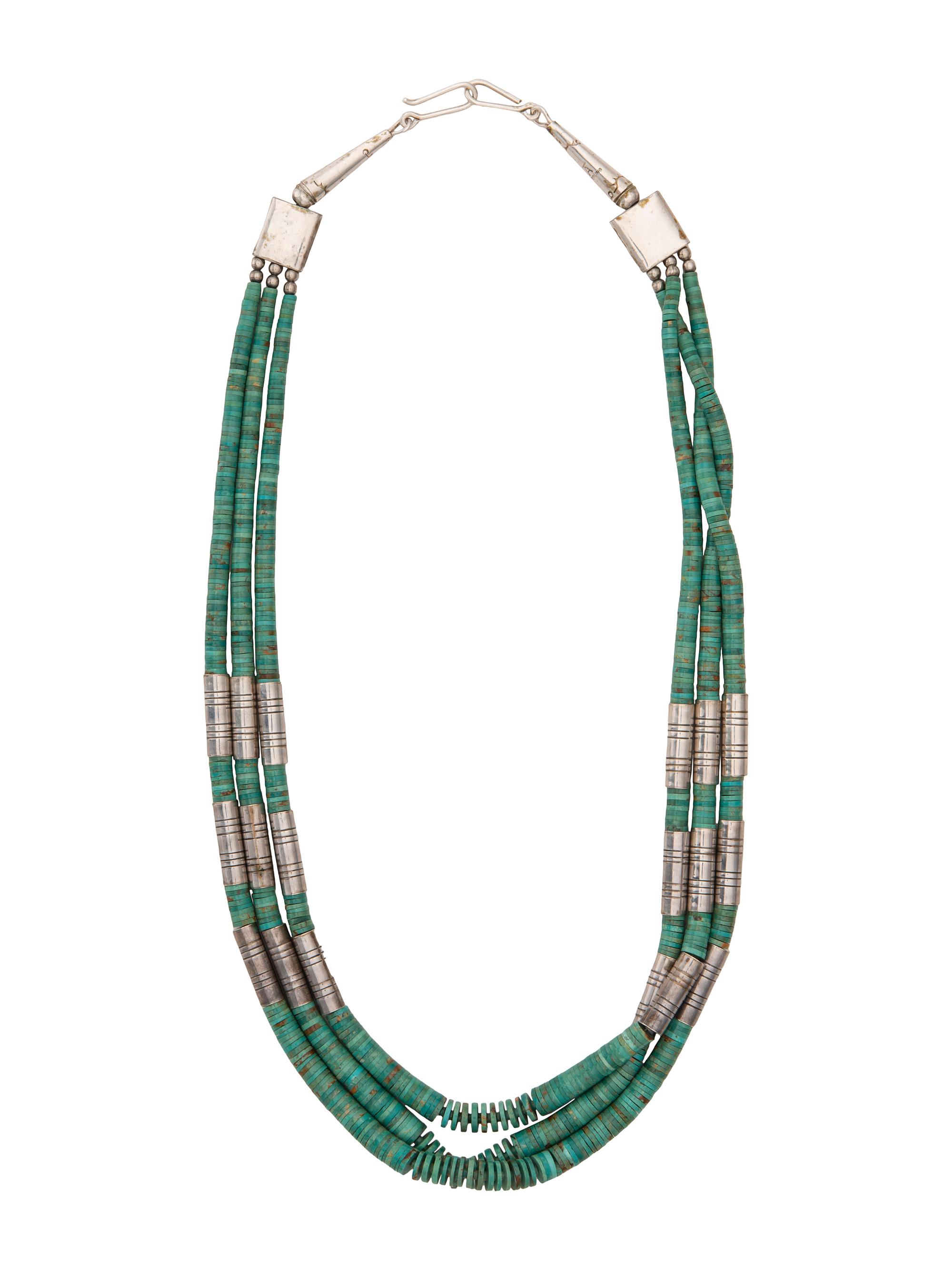 Rolled Turquoise and Sterling Silver Barrel Bead Three-strand Necklace