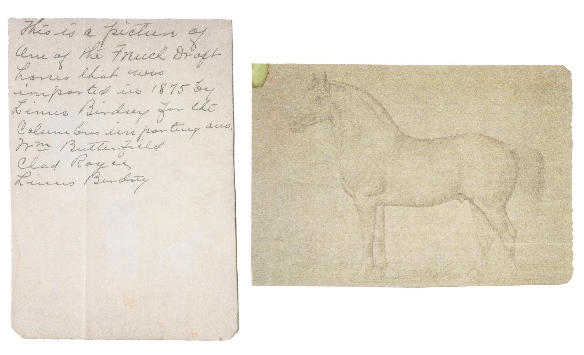 An Andrew Clemens (American, 1857-1894) Labeled Sand Bottle with Percheron Horse