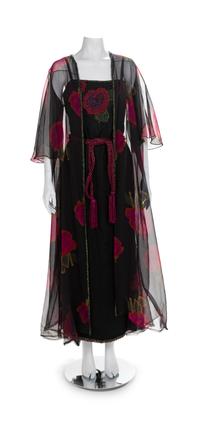 Beaded Flower Chiffon Long Dress with Matching Kimono and Belt, 1970-80s