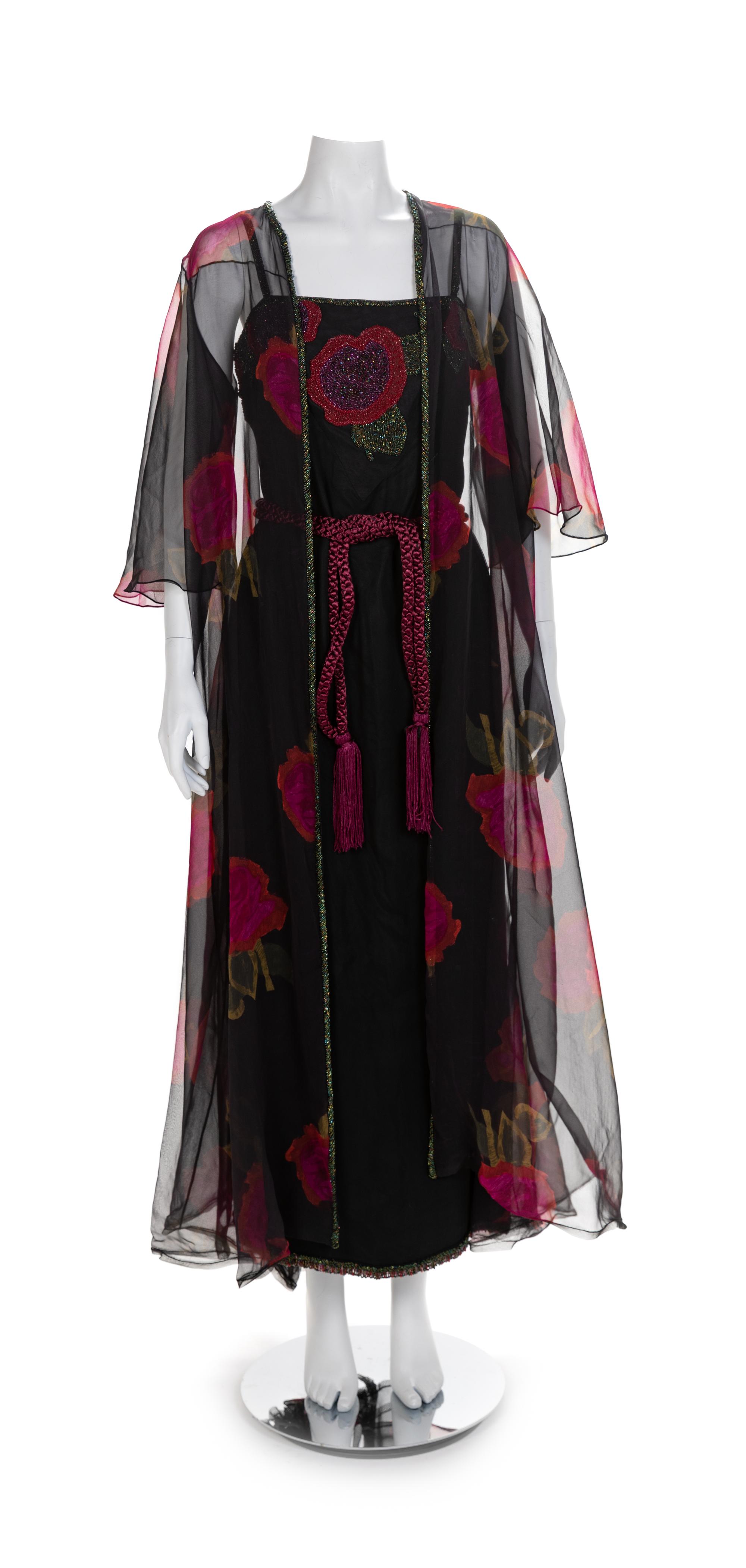 Beaded Flower Chiffon Long Dress with Matching Kimono and Belt, 1970-80s