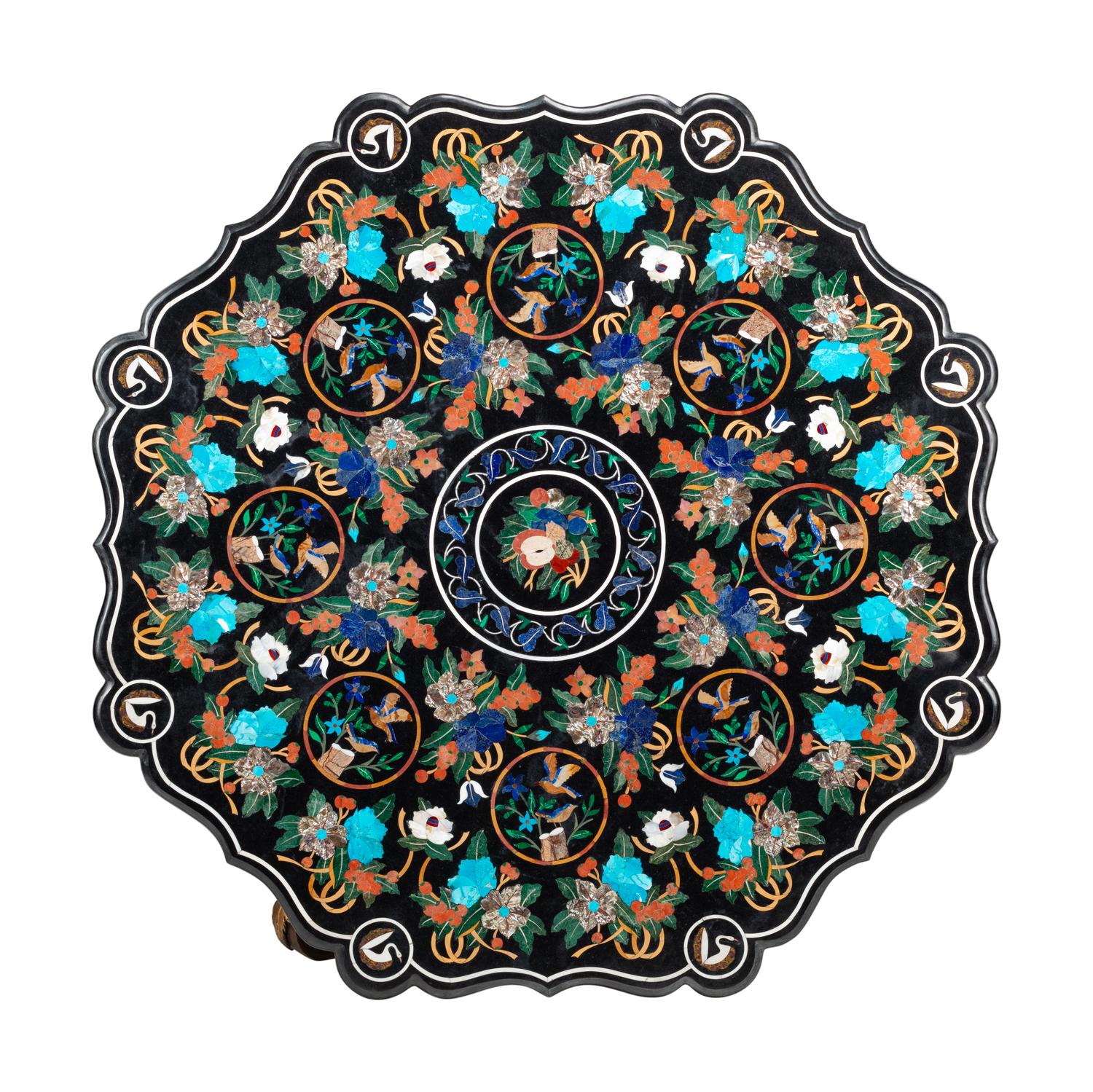 A Continental Pietra Dura, Turquoise, Abalone and Lapis Lazuli Table on a Bronze Base