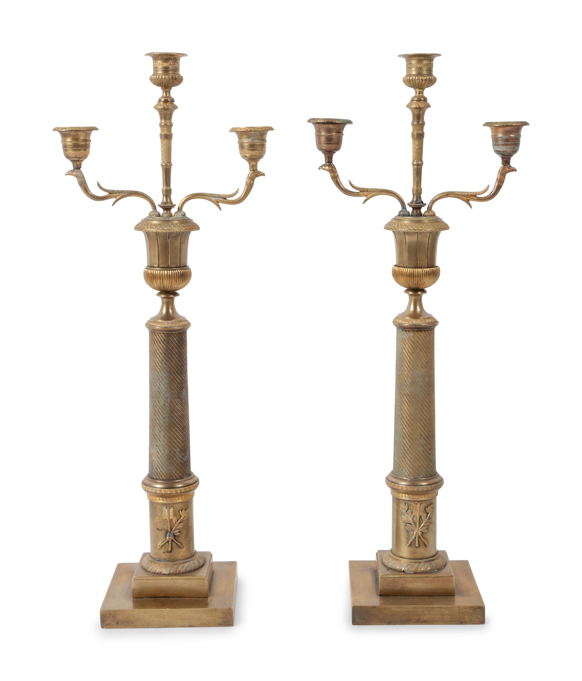 A Pair of Empire Style Gilt Bronze Three Light Candelabra