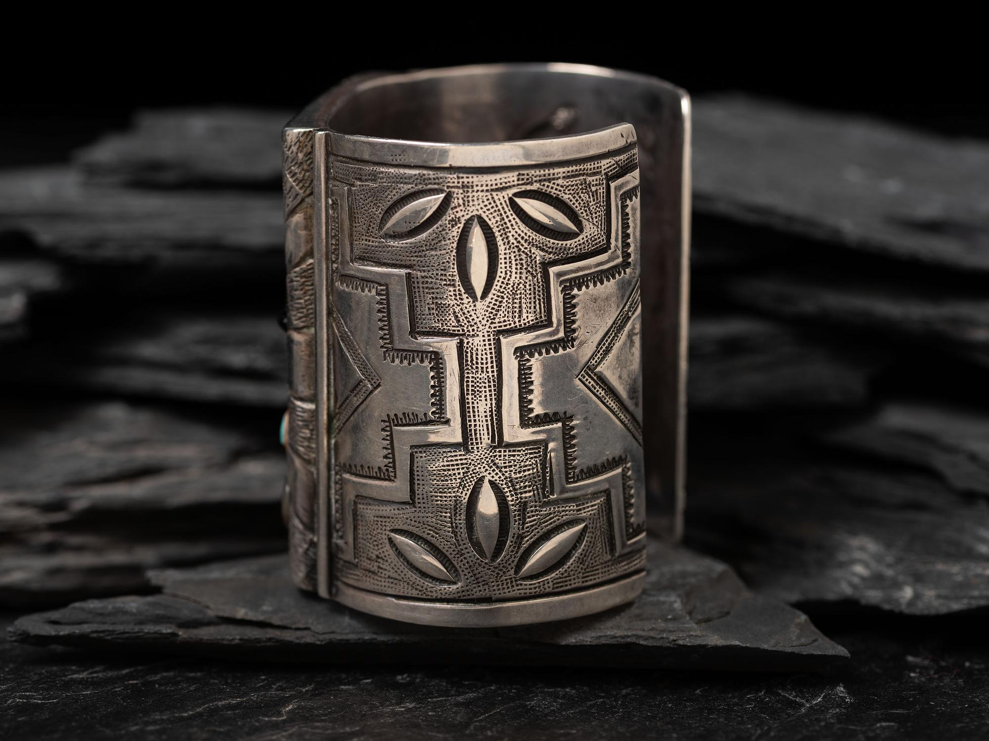 Large Silver and Mosaic Inlay Katsina Cuff Bracelet