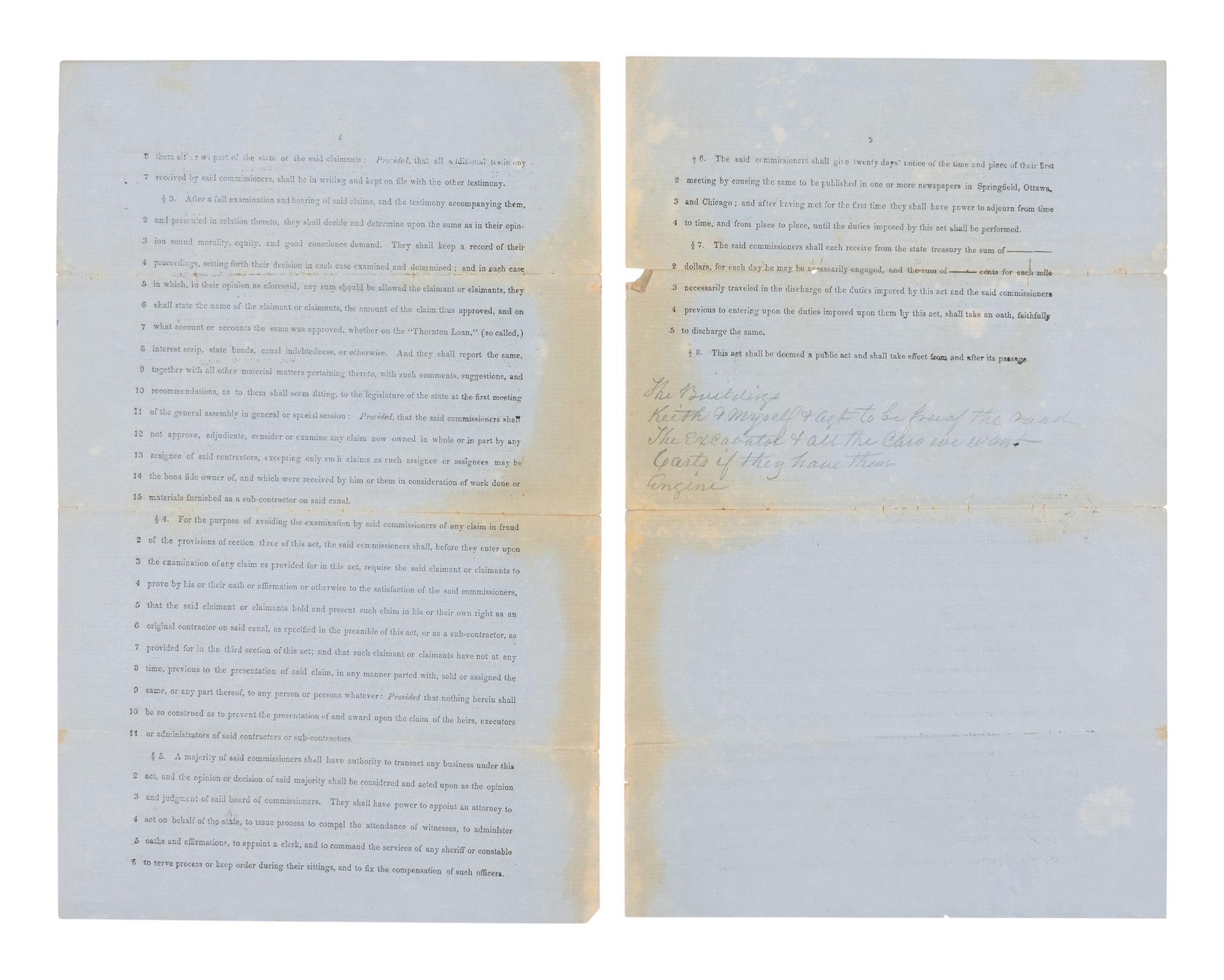 [LINCOLN, Abraham (1809-1865)]. A Bill...for the Settlement of Claims of Contractors of the Illinois and Michigan Canal . Springfield: Illinois General Assembly, 1853.