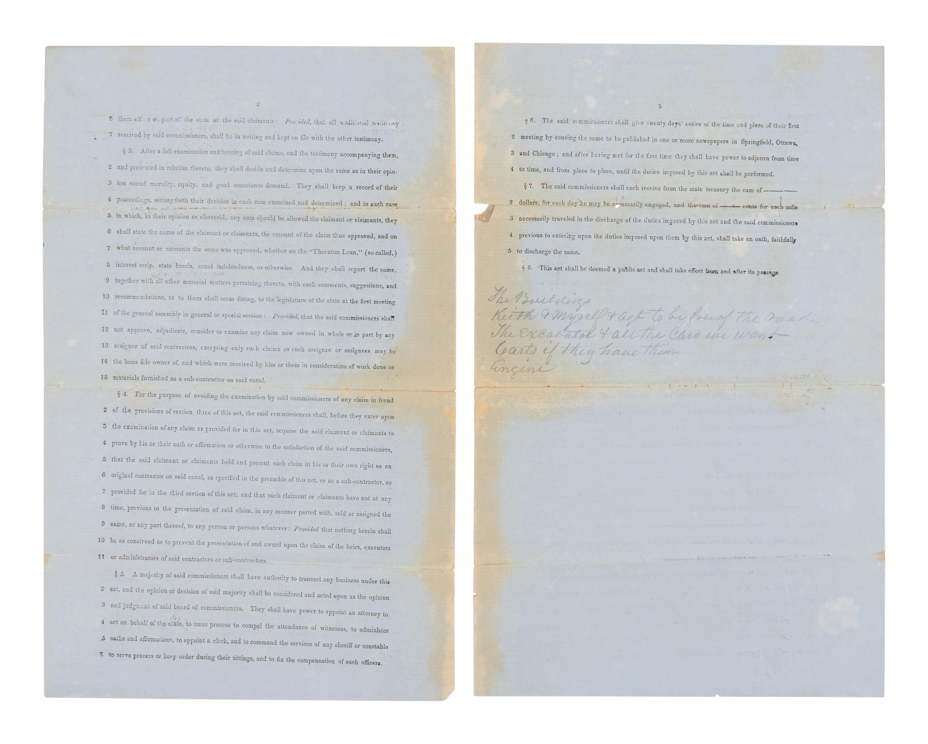 [LINCOLN, Abraham (1809-1865)]. A Bill...for the Settlement of Claims of Contractors of the Illinois and Michigan Canal . Springfield: Illinois General Assembly, 1853.