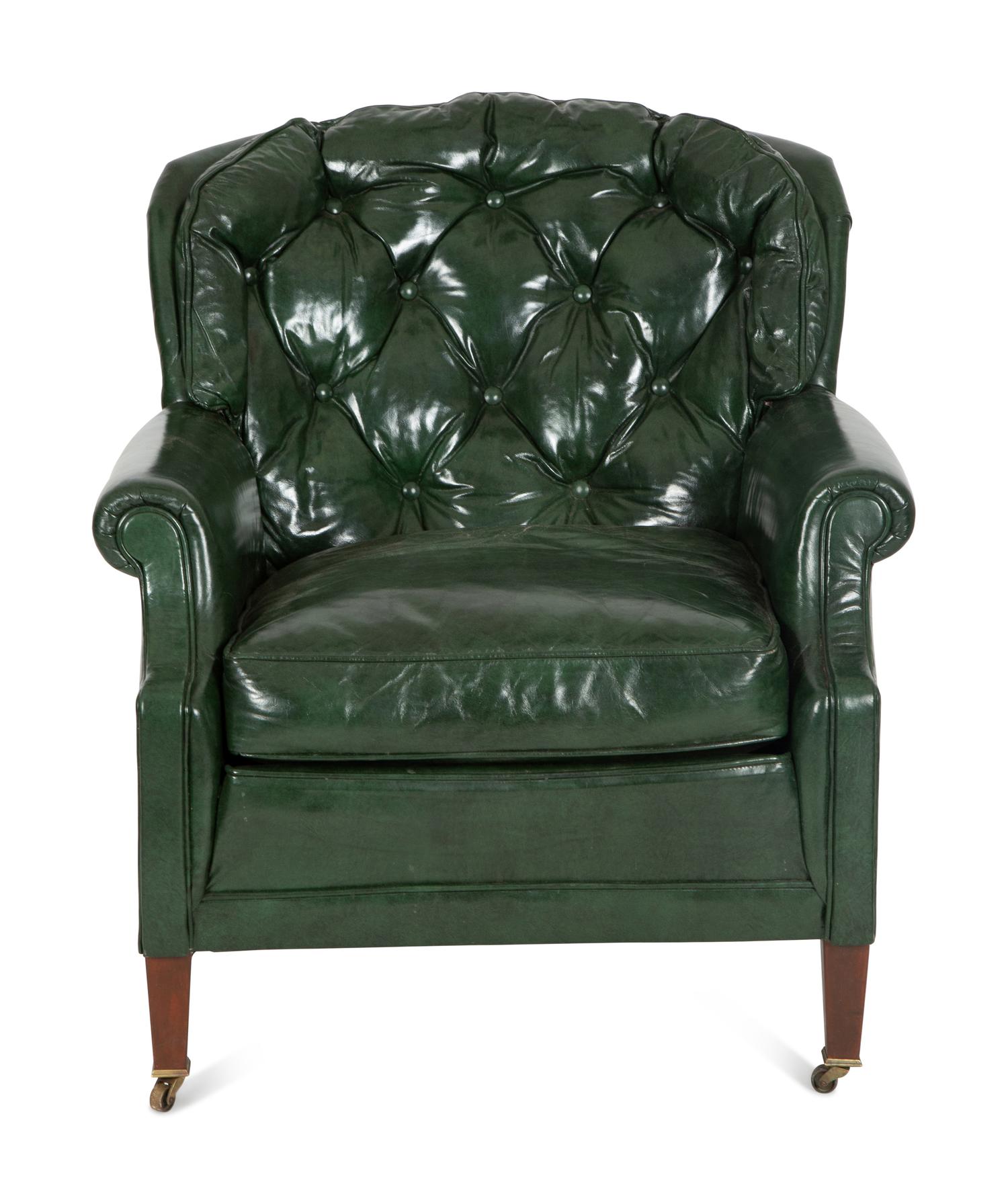 A Green Leather Button Tufted Club Chair and Ottoman — 20th Century