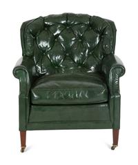 A Green Leather Button Tufted Club Chair and Ottoman — 20th Century