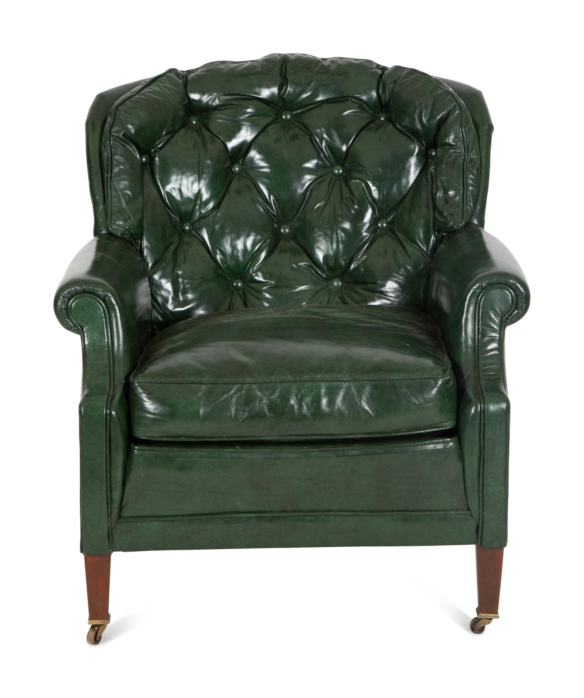 A Green Leather Button Tufted Club Chair and Ottoman — 20th Century