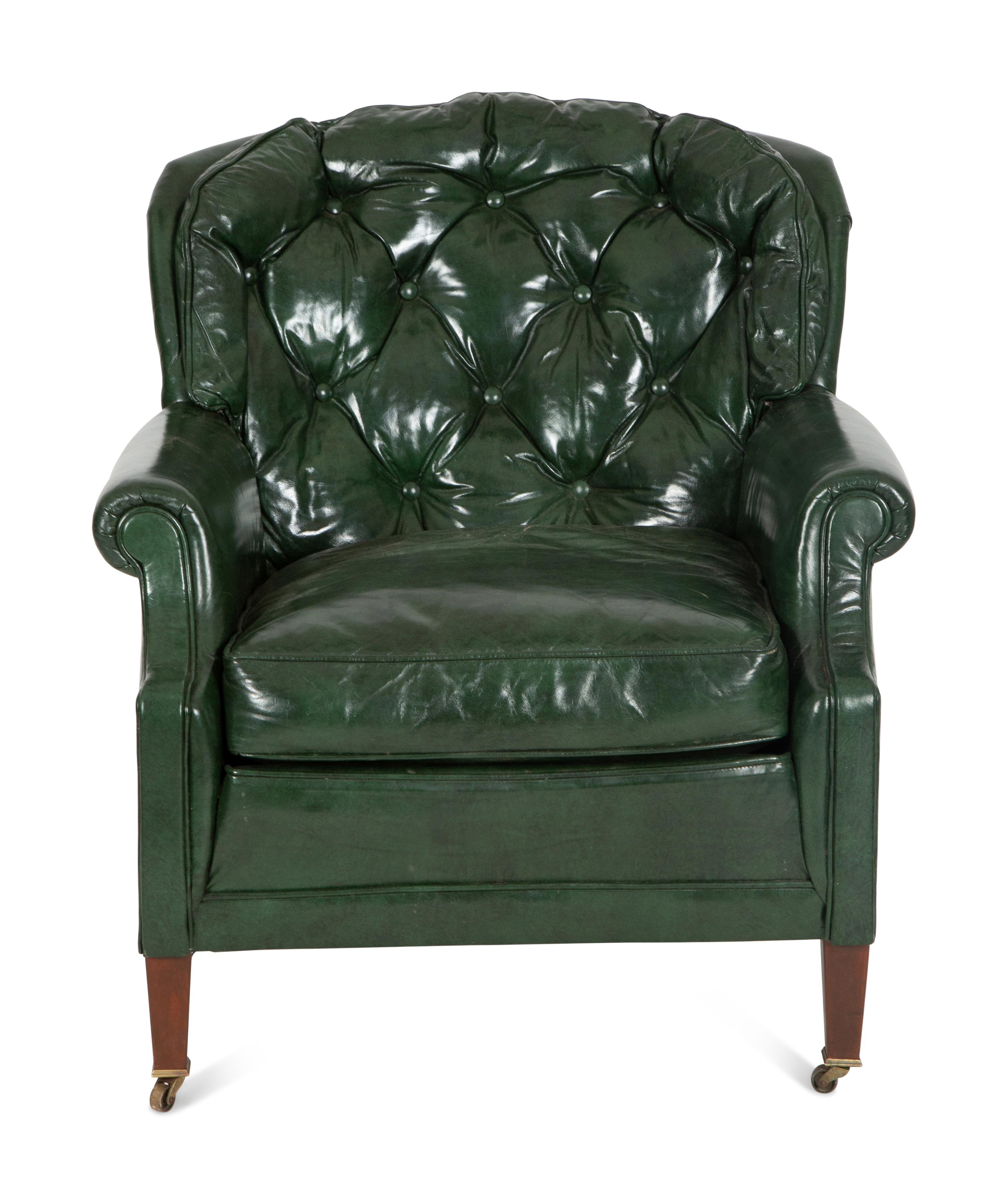 A Green Leather Button Tufted Club Chair and Ottoman — 20th Century