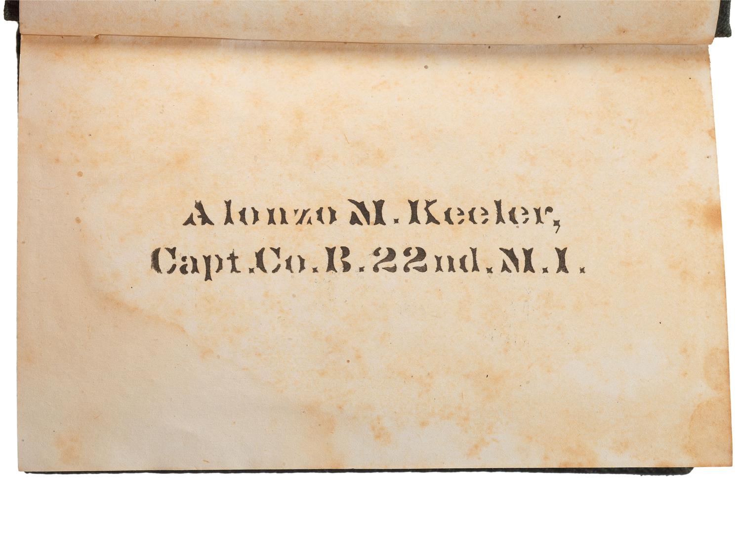 [CIVIL WAR]. Union POW autograph album signed by officers confined at Libby Prison and Bible identified to Capt. Alonzo Martin Keeler, 22nd Michigan Infantry.