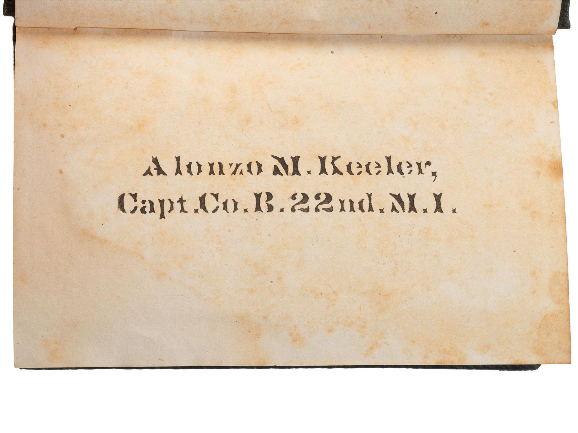 [CIVIL WAR]. Union POW autograph album signed by officers confined at Libby Prison and Bible identified to Capt. Alonzo Martin Keeler, 22nd Michigan Infantry.