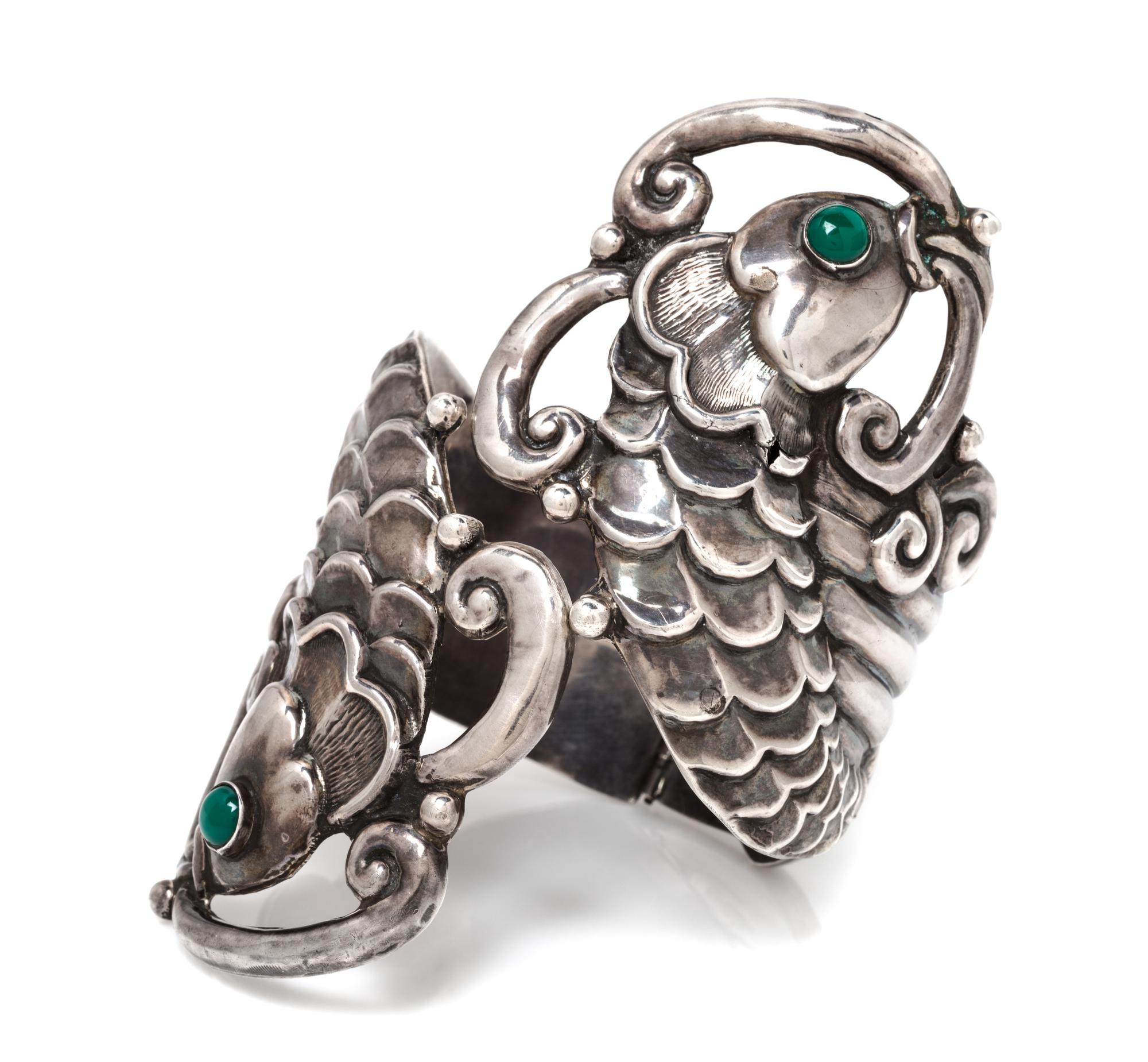 A Sterling Silver and Dyed Green Onyx Koi Fish Motif Bypass Clamper Bracelet, Alfredo Villasana, Pre-1948, 57.40 dwts.