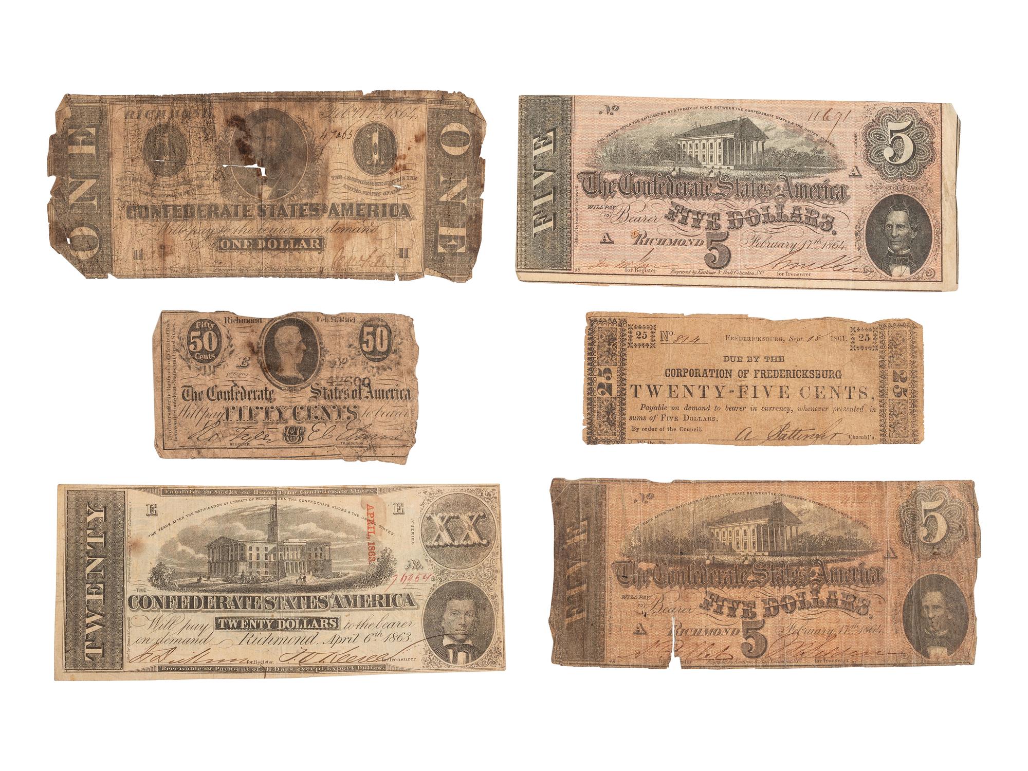 [CIVIL WAR]. Confederate currency notes incl. one hundred dollar bond sheet.