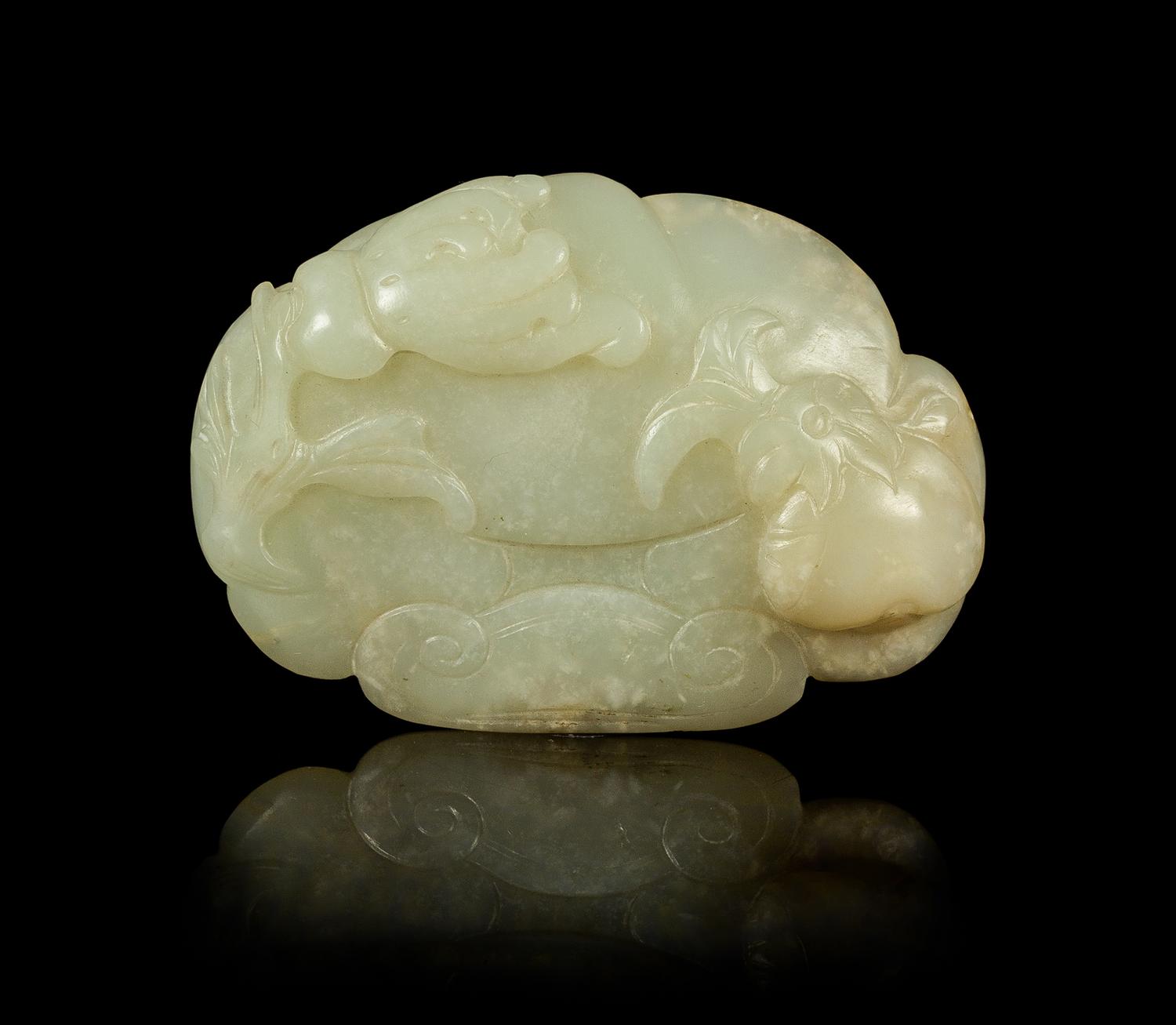 A Carved Celadon Jade Belt Buckle Length 3 inches. — LATE QING DYNASTY