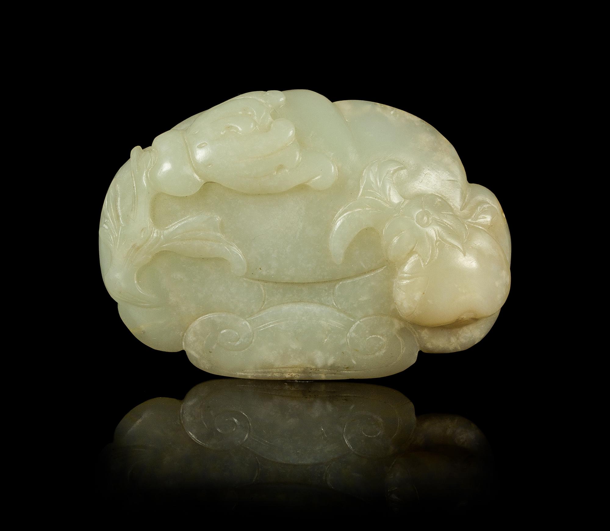 A Carved Celadon Jade Belt Buckle Length 3 inches. — LATE QING DYNASTY
