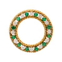 Emerald, Diamond, and Yellow Gold Circle Brooch
