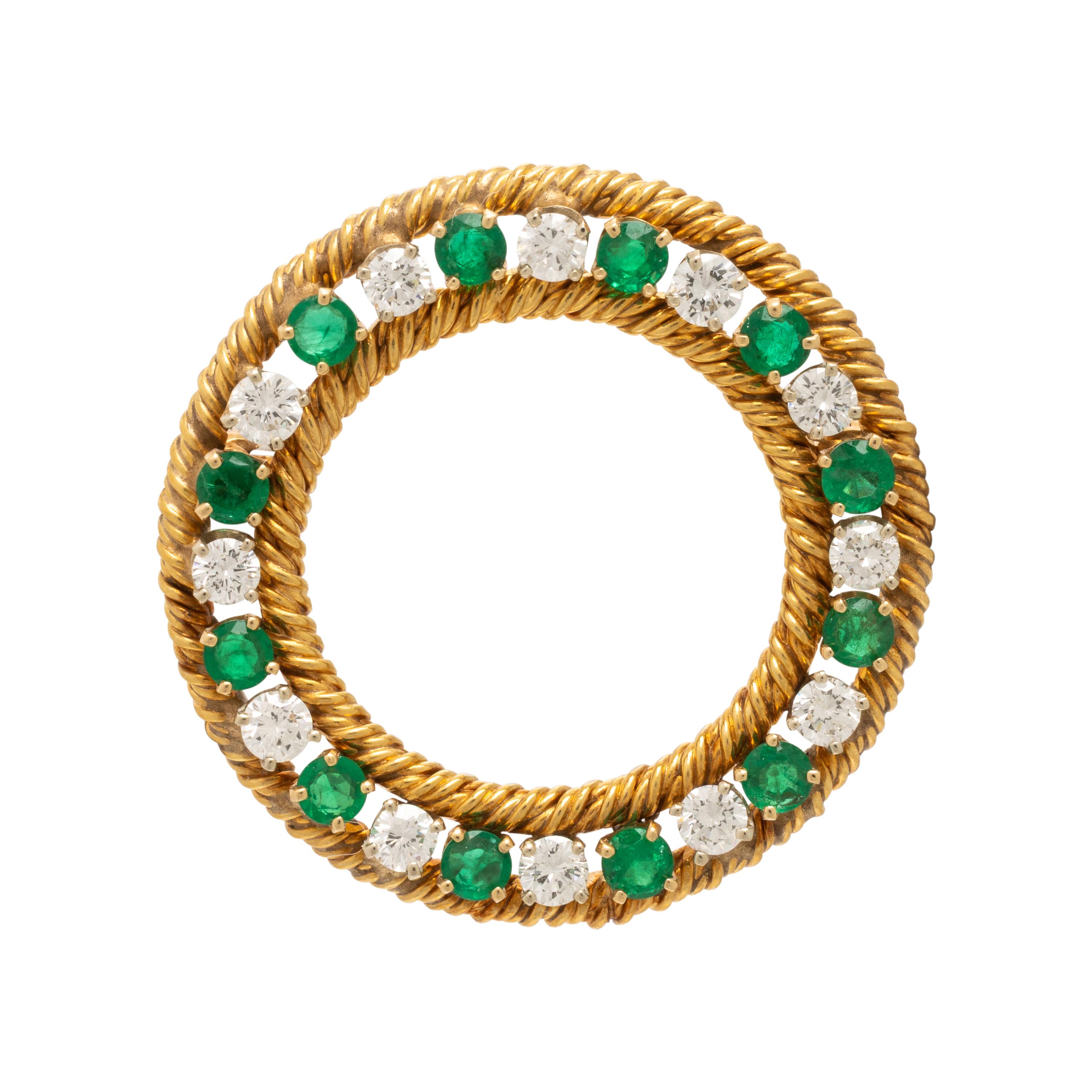 Emerald, Diamond, and Yellow Gold Circle Brooch