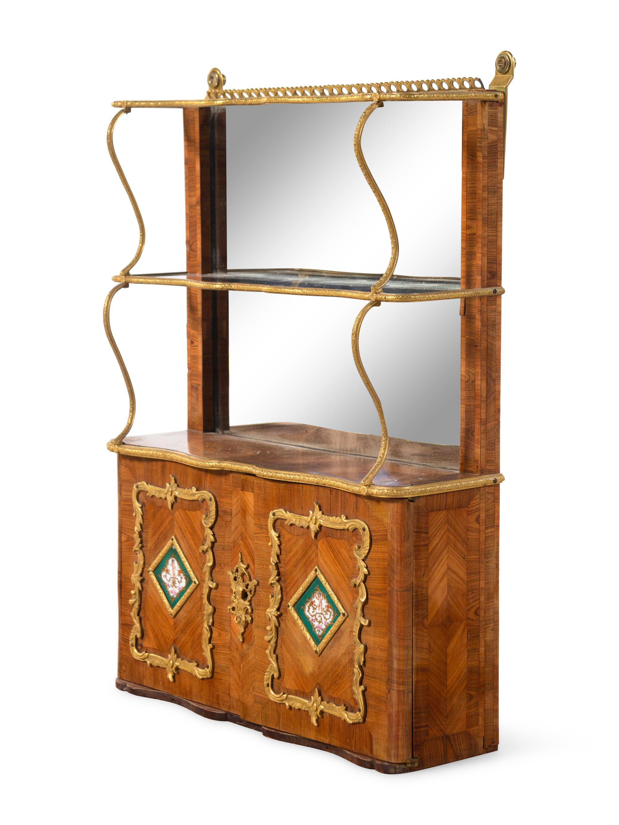 A Louis XV Style Porcelain and Bronze Mounted Tulipwood Veneered Hanging Étagère