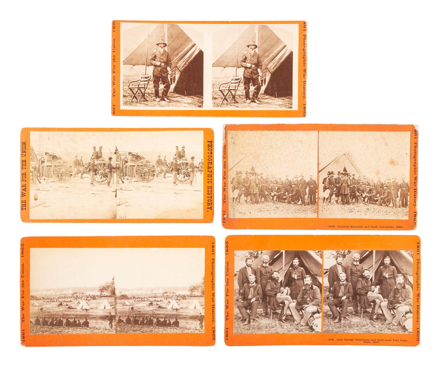 [CIVIL WAR]. A group of 5 stereoviews of Civil War generals, incl. Meade at Gettysburg, Burnside, and Stoneman.