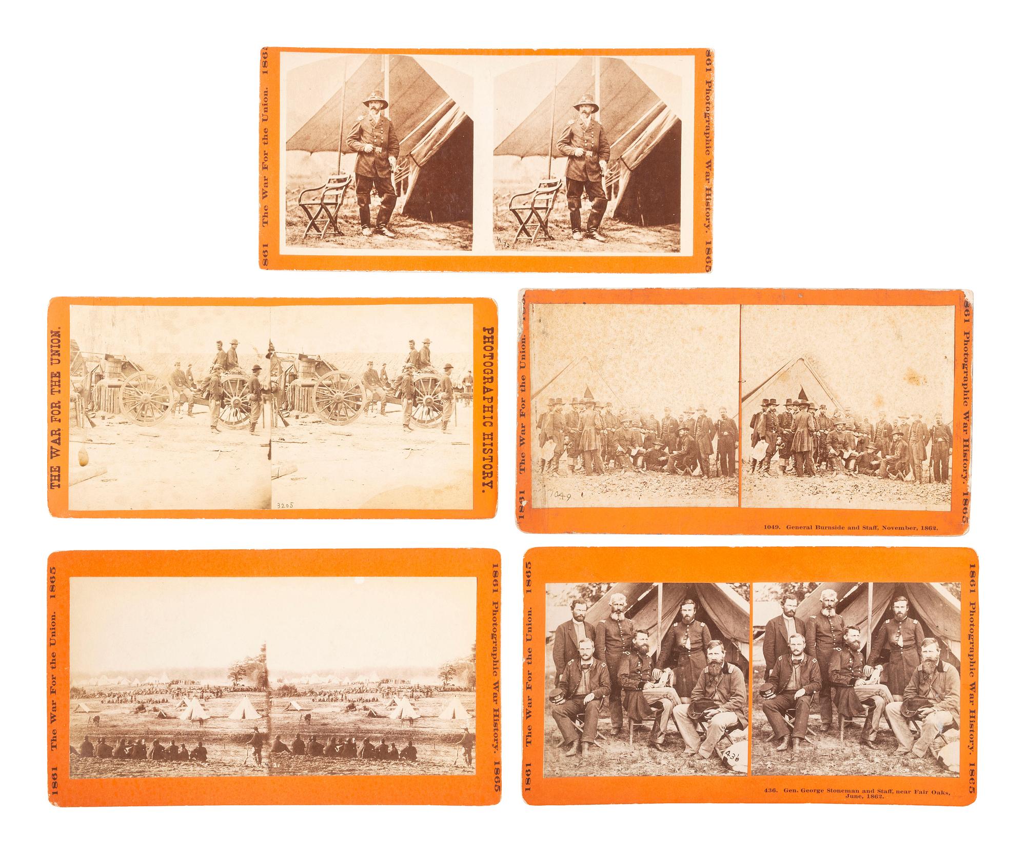 [CIVIL WAR]. A group of 5 stereoviews of Civil War generals, incl. Meade at Gettysburg, Burnside, and Stoneman.
