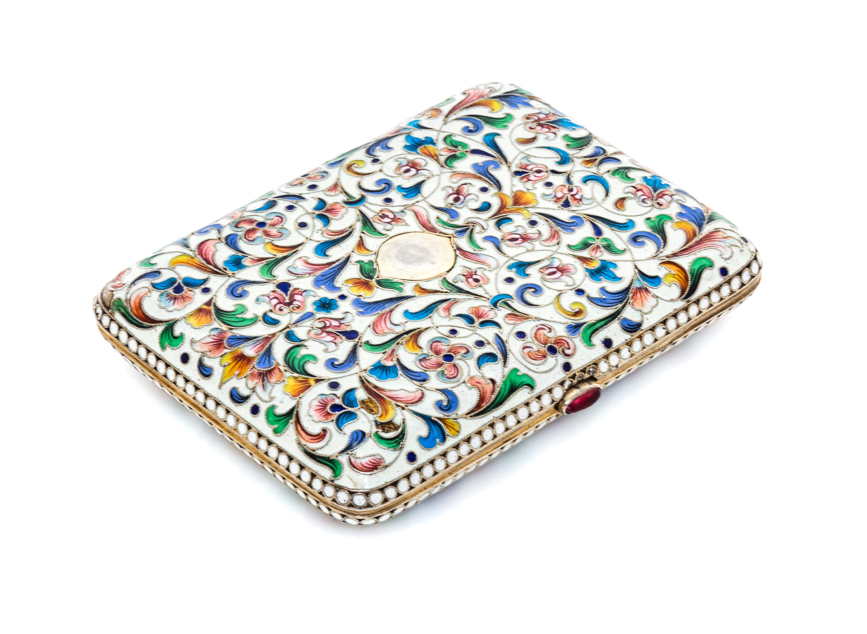 A Russian Enameled Silver Cigarette Case, Maker's mark AL, kokoshnik mark of Ivan Lebedkin, Moscow, early 20th century, the case with p