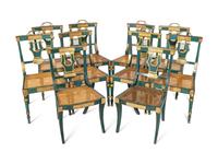 A Set of Eight Continental Green Painted and Parcel Gilt Lyre-Back Dining Chairs