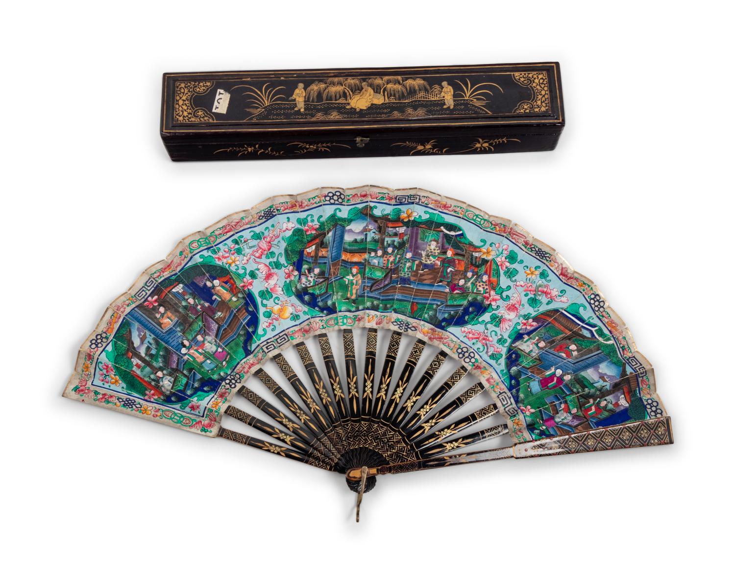A Chinese Lacquered and Painted Fan