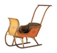 A Paint Decorated and Velvet Upholstered Wood Child's Sleigh
