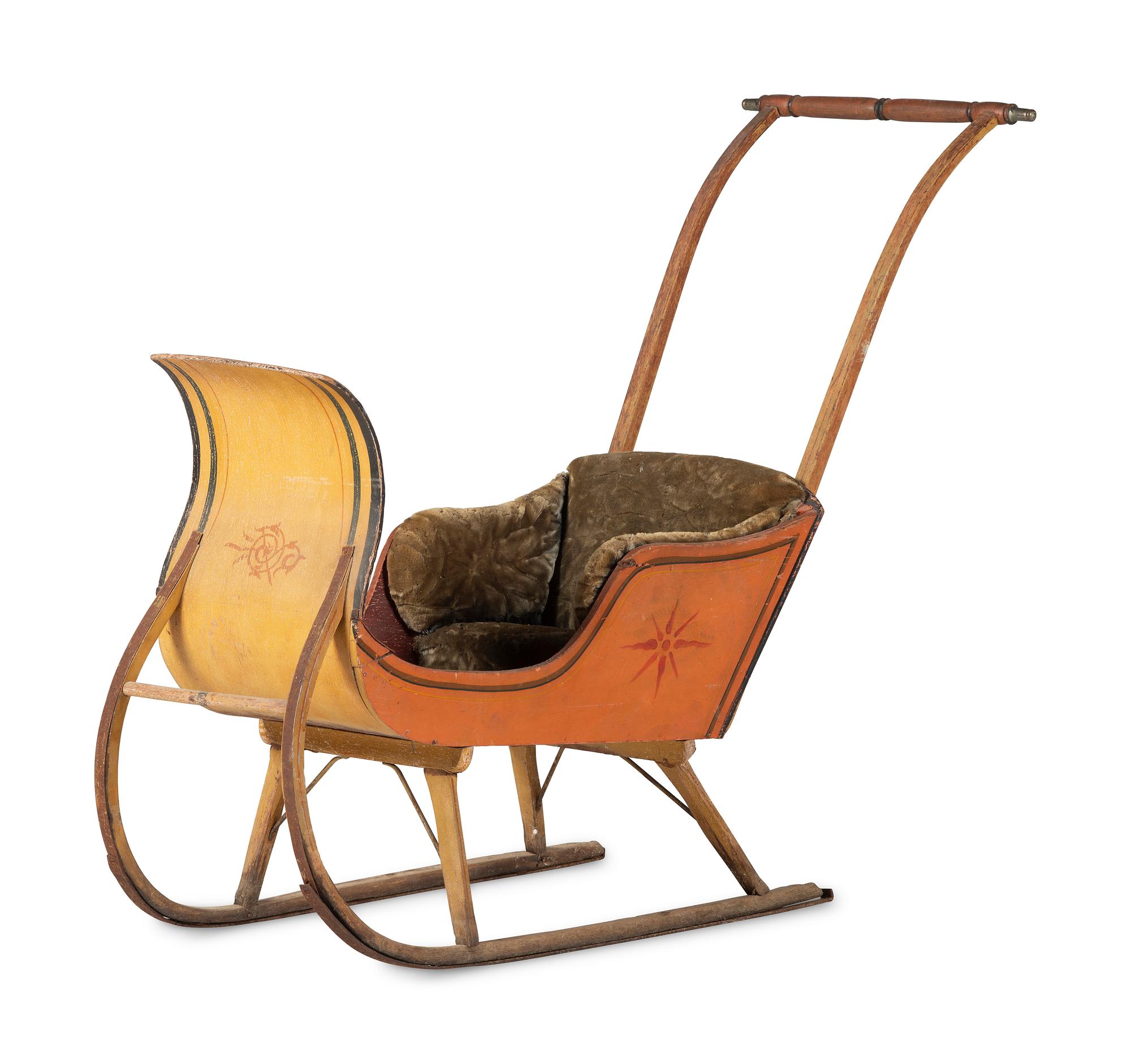 A Paint Decorated and Velvet Upholstered Wood Child's Sleigh