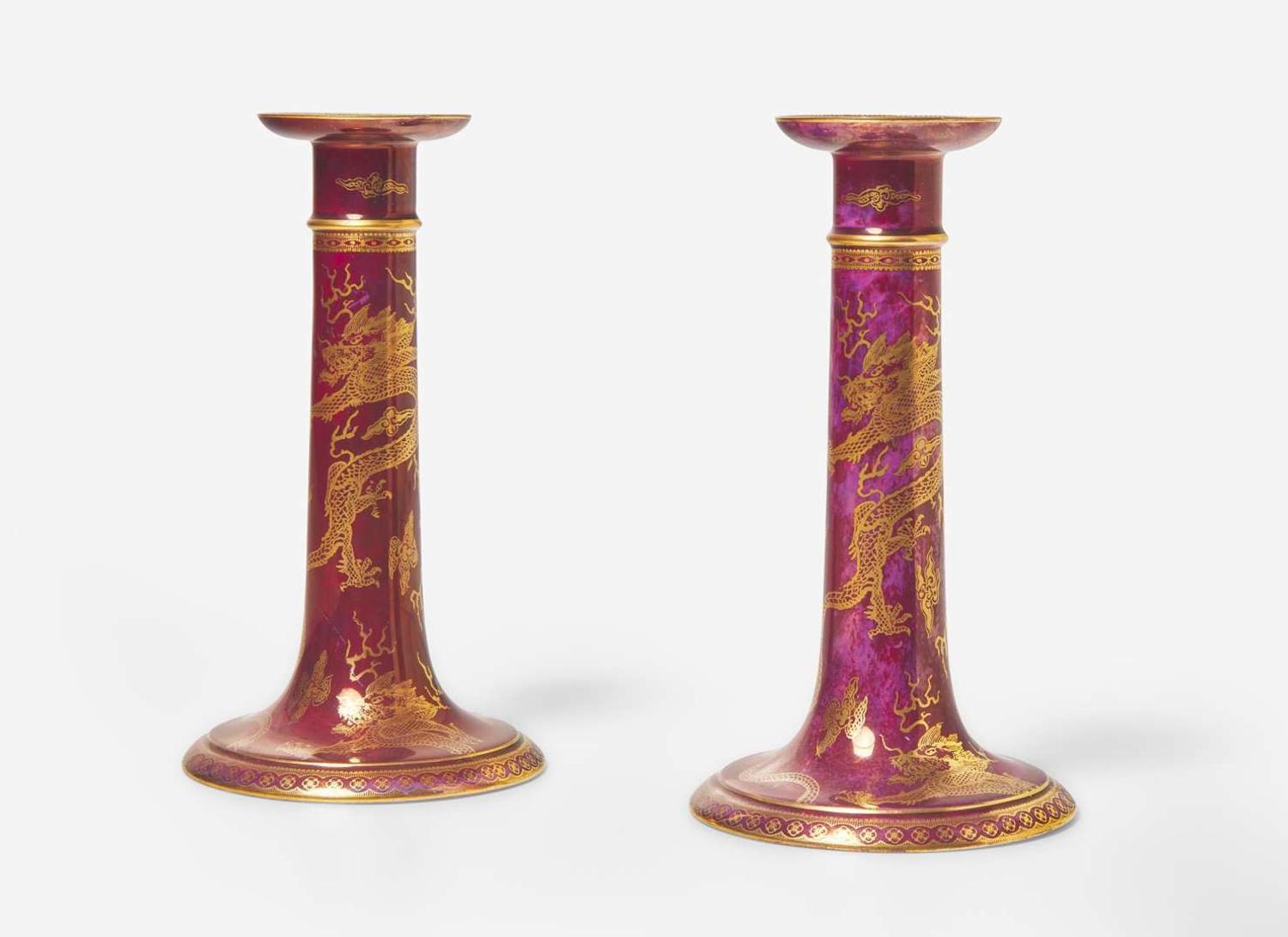 A Pair of Wedgwood Ruby Dragon Lustre Candlesticks, UK, circa 1915