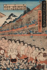 A Japanese Woodblock Triptych of a Sumo Match